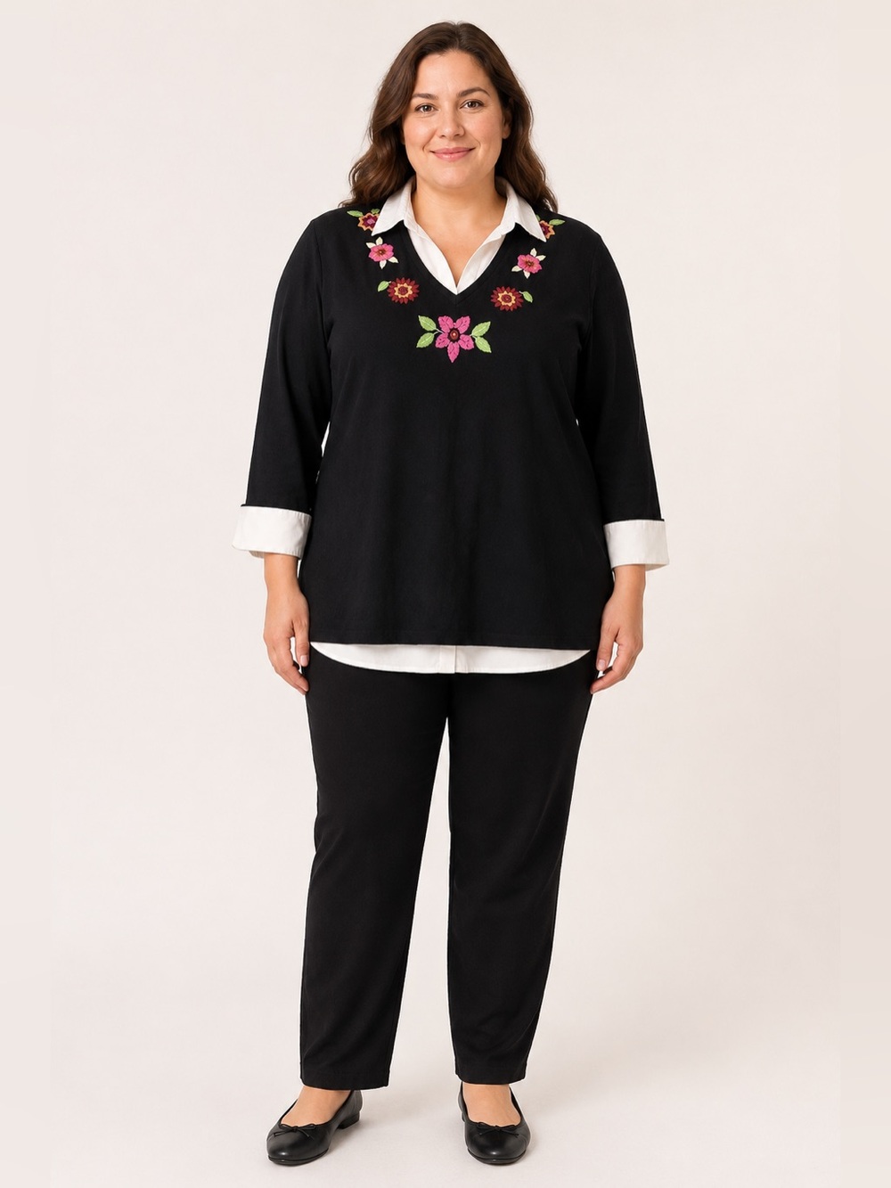 Notations Sport Black Floral Embroidered Layered-Look Top Size 1X